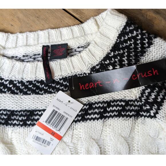 NEW Heart N Crush Sweater XS Cream Black Stripe Fuzzy Open Cable Knit Crew Neck - Picture 7 of 9